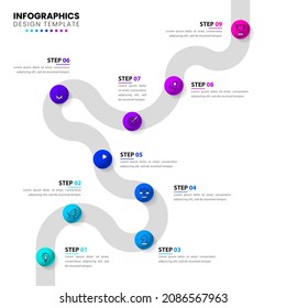 Timeline concept with marbles. Infographic design with icons and 9 options or steps. Can be used for workflow layout, diagram, webdesign. Vector