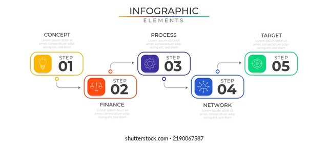 Timeline connect five steps infographic elements plan concept design vector with icons. Business workflow network project template for presentation and report.	