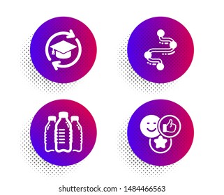 Timeline, Continuing education and Water bottles icons simple set. Halftone dots button. Like sign. Journey path, Online education, Aqua drinks. Social media likes. Business set. Vector