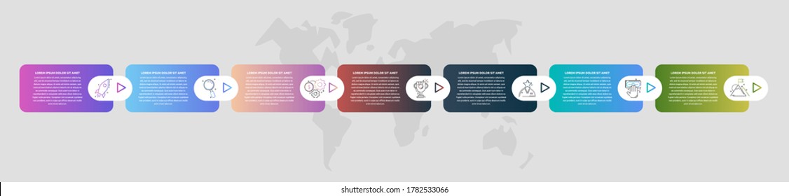 Timeline creative design 3D infographics template. Business vector illustration with 7 options, arrows. Can be used for process banner, diagram, app, info graph, workflow layout