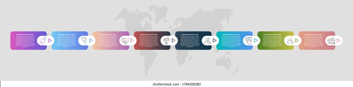 Timeline creative design 3D infographics template. Business vector illustration with 8 options, arrows. Can be used for process banner, diagram, app, info graph, workflow layout, presentation