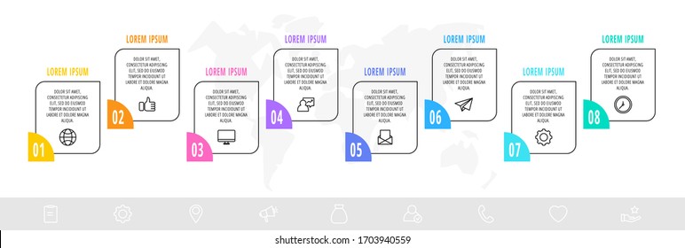 Timeline creative design linear infographics template. Business vector illustration with 8 options. Can be used for process banner, diagram, app, info graph, workflow layout, presentation