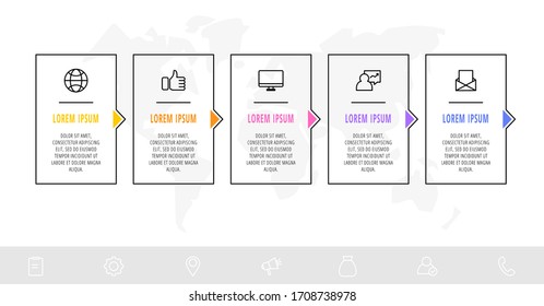 Timeline creative design linear infographics template. Business vector illustration with 5 options, arrows. Can be used for process diagram, presentations, info graph, banner, flowchart, presentation