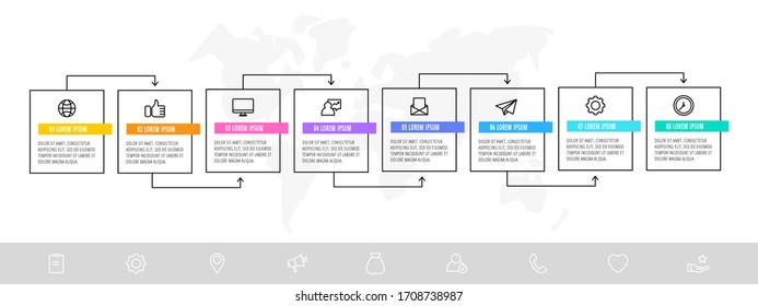 Timeline creative design linear infographics template. Business vector illustration with 8 options, arrows. Can be used for process banner, diagram, app, info graph, workflow layout, presentation