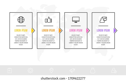 Timeline creative design linear infographics template. Business vector illustration with 4 options, arrows. Can be used for process diagram, presentations, info graph, banner, flowchart, presentation