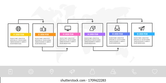 Timeline creative design linear infographics template. Business vector illustration with 6 options, arrows. Can be used for process banner, diagram, app, info graph, workflow layout, presentation