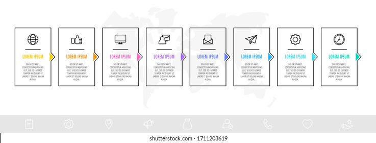 Timeline creative design linear infographics template. Business vector illustration with 8 options, arrows. Can be used for process banner, diagram, app, info graph, workflow layout, presentation