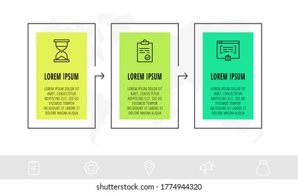 Plantilla de infografía lineal de diseño creativo de línea de tiempo. Ilustración de vector de negocio con 3 opciones, flechas. Se puede utilizar para diagramas, presentaciones, diseño de flujo de trabajo, diagrama de flujo