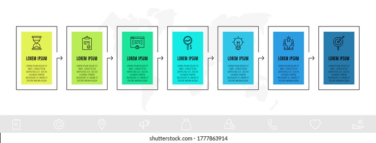 Timeline creative design linear infographics template. Business vector illustration with 7 options, arrows. Can be used for process banner, diagram, app, info graph, workflow layout