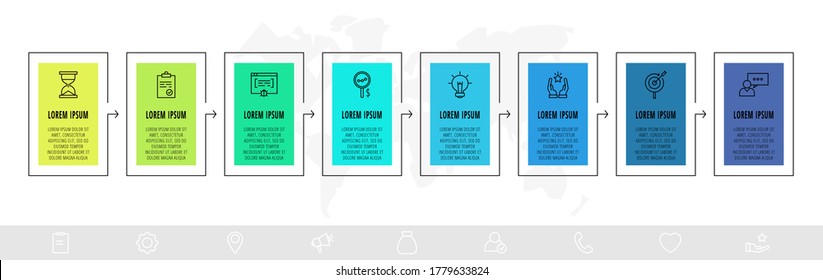 Timeline creative design linear infographics template. Business vector illustration with 8 options, arrows. Can be used for process banner, diagram, app, info graph, workflow layout, presentation