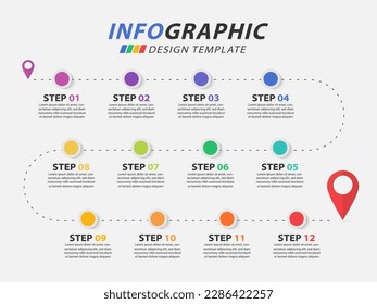 Timeline Creator infographic template. 12 Step timeline journey, calendar Flat simple infographics design template. presentation graph. Business concept with 12 options, vector illustration.