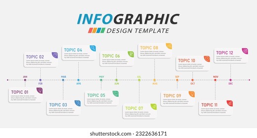 Timeline Creator infographic template. 12 months timeline journey, 1 year calendar infographics design template. presentation graph. Business concept with 12 options or steps, vector illustration.