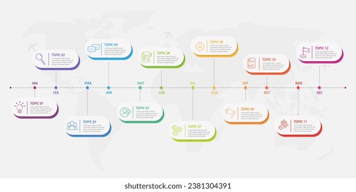 Timeline Creator infographic template. 12 months timeline journey, 1 year calendar infographics design template. presentation graph. Business concept with 12 options or steps, vector illustration.