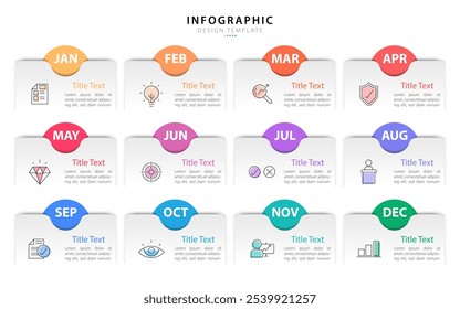 Modelo de infográfico do Criador de Linha do Tempo. 12 meses de jornada, 1 ano de calendário infográficos modelo de design. gráfico de apresentação. Conceito de negócios com 12 opções ou etapas, ilustração vetorial.