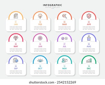 Modelo de infográfico do Criador de Linha do Tempo. 12 meses de jornada, 1 ano de calendário infográficos modelo de design. gráfico de apresentação. Conceito de negócios com 12 opções ou etapas, ilustração vetorial.