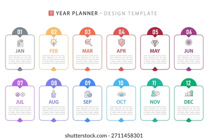 Infografik-Vorlage für den Zeitleistenersteller. 12 Monate Zeitleiste Reise, 1 Jahr Kalender Infografik Design-Vorlage. Präsentationsdiagramm. Geschäftskonzept mit 12 Optionen oder Schritten, Vektorgrafik.