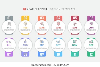 Timeline Creator infographic template. 12 months timeline journey, 1 year calendar infographics design template. presentation graph. Business concept with 12 options or steps, vector illustration.