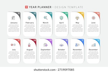 Timeline Plantilla de infografía de Creator. 12 meses de viaje de línea de tiempo, 1 año de Plantilla de diseño de infografías de calendario. Concepto de negocio con 12 opciones o pasos, Ilustración vectorial.