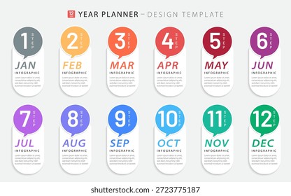 Timeline Creator infographic template. 12 months timeline journey, 1 year calendar infographics design template. presentation graph. Business concept with 12 options or steps, vector illustration.