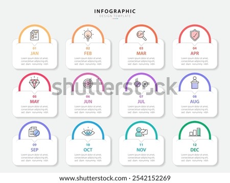 Timeline Creator infographic template. 12 months timeline journey, 1 year calendar infographics design template. presentation graph. Business concept with 12 options or steps, vector illustration.