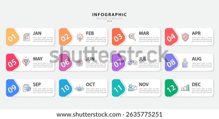 Timeline Creator infographic template. 12 months timeline journey, 1 year calendar infographics design template. presentation graph. Business concept with 12 options or steps, vector illustration.