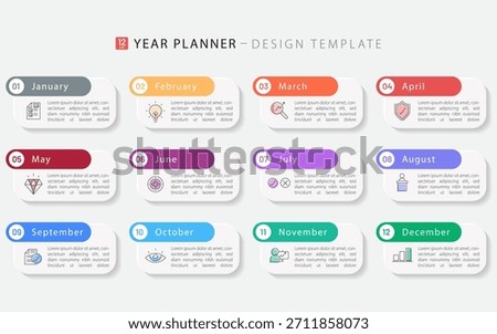 Timeline Creator infographic template. 12 months timeline journey, 1 year calendar infographics design template. presentation graph. Business concept with 12 options or steps, vector illustration.