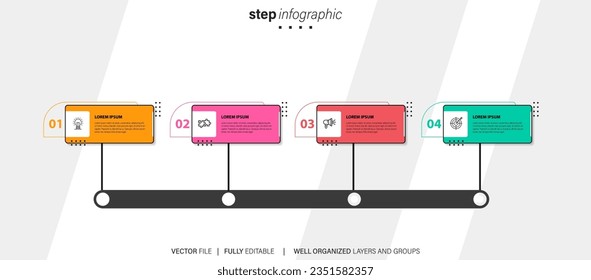 Plantilla de infografía de Creador de línea de tiempo. Viaje de línea de tiempo de 4 pasos, calendario Plano sencillo de diseño de infografías. gráfico de presentación. Concepto de negocio con 4 opciones, ilustración vectorial.
