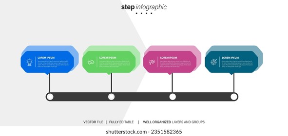 Plantilla de infografía de Creador de línea de tiempo. Viaje de línea de tiempo de 4 pasos, calendario Plano sencillo de diseño de infografías. gráfico de presentación. Concepto de negocio con 4 opciones, ilustración vectorial.
