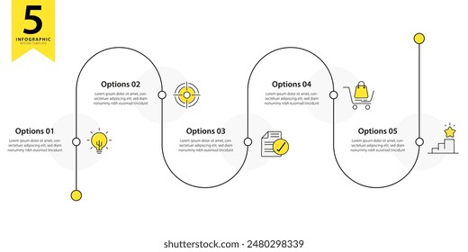 In: Timeline Creator Infographic Vorlage. 5 Schritt Zeitleiste Reise, Kalender Flache einfache Infografik Design-Vorlage. Präsentationsgrafik. Geschäftskonzept mit 5 Optionen, Gantt-Vektorillustration.