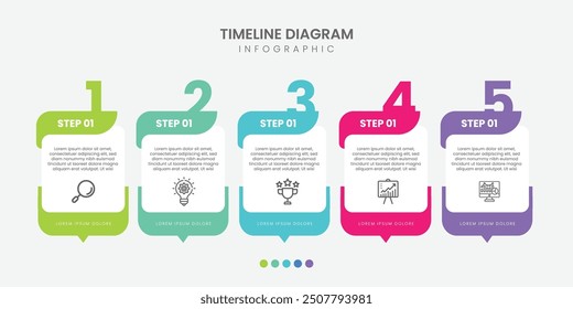 Timeline Plantilla de infografía de Creator. Viaje de la línea de tiempo de 5 pasos, Plantilla de diseño de infografías simples planas