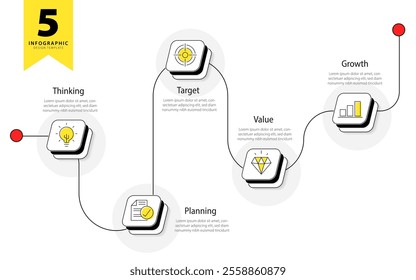 Timeline Creator infographic template. 5 Step timeline journey, calendar Flat simple infographics design template. presentation graph. Business concept with 5 options, gantt vector illustration.