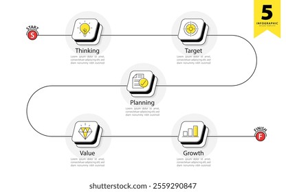 Timeline Creator infographic template. 5 Step timeline journey, calendar Flat simple infographics design template. presentation graph. Business concept with 5 options, gantt vector illustration.