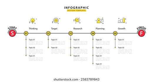 Timeline Creator infographic template. 5 Step timeline journey, calendar Flat simple infographics design template. presentation graph. Business concept with 5 options, gantt vector illustration.