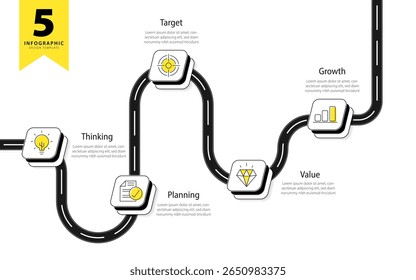 Modelo de infográfico do Criador de Linha do Tempo. 5 Passo de jornada de linha do tempo, calendário Design simples infográfico plano. gráfico de apresentação. Conceito de negócios com 5 opções, ilustração de vetor de estrada de estrada.