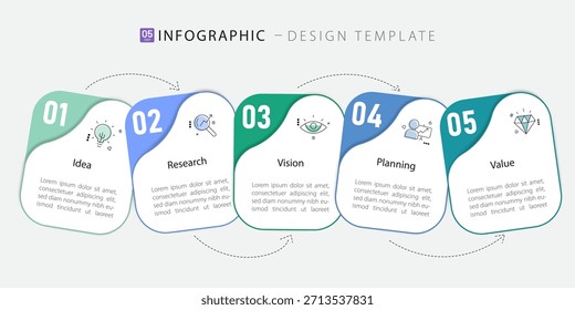 Timeline Plantilla de infografía de Creator. Viaje de la línea de tiempo de 5 pasos, Plantilla de diseño de infografías simples planas. Concepto de negocio con 5 opciones, Ilustración vectorial.
