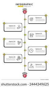 In: Timeline Creator Infographic Vorlage. 7 Schritt Zeitleiste Reise, Kalender Flache einfache Infografik Design-Vorlage. Präsentationsgrafik. Geschäftskonzept mit 7 Optionen, Vektorillustration.