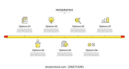 Timeline Creator infographic template. 7 Step timeline journey, calendar Flat simple infographics design template. presentation graph. Business concept with 7 options, vector illustration.