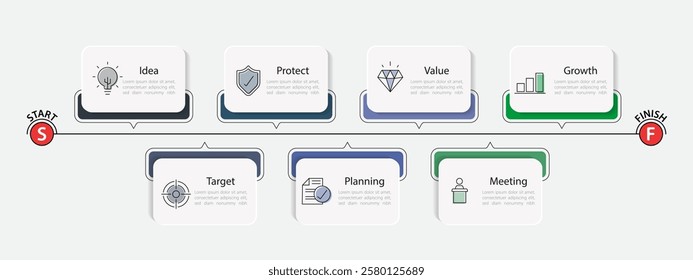 Timeline Creator infographic template. 7 Step timeline journey, calendar Flat simple infographics design template. presentation graph. Business concept with 7 options, vector illustration.