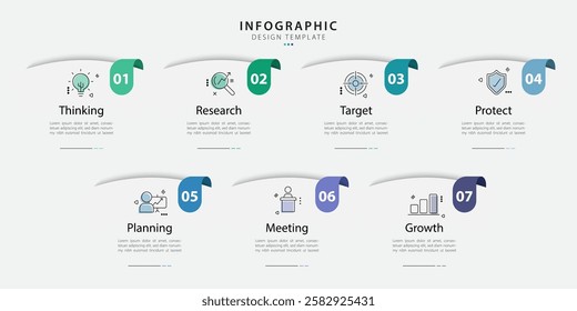 Timeline Creator infographic template. 7 Step timeline journey, calendar Flat simple infographics design template. presentation graph. Business concept with 7 options, vector illustration.