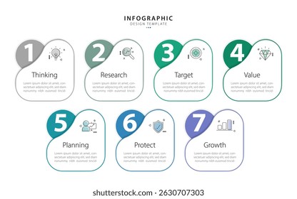 Timeline Creator infographic template. 7 Step timeline journey, calendar Flat simple infographics design template. presentation graph. Business concept with 7 options, vector illustration.