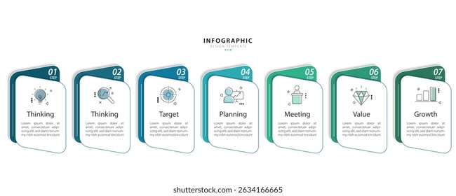 Modelo de infográfico do Criador de Linha do Tempo. 7 Passo viagem de linha do tempo, calendário Modelo simples de design de infográficos. gráfico de apresentação. Conceito de negócios com 7 opções, ilustração vetorial.