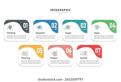 Timeline Creator infographic template. 7 Step timeline journey, calendar Flat simple infographics design template. presentation graph. Business concept with 7 options, vector illustration.