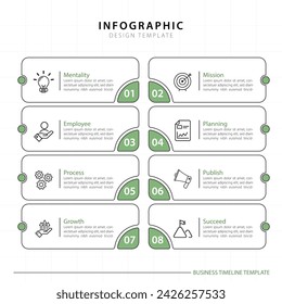 Plantilla de infografía de Timeline Creator. 8 Paso de línea de tiempo, calendario Plantilla de diseño de infografías simples planas. gráfico de presentación. Concepto de negocio con 8 opciones, ilustración vectorial gantt.