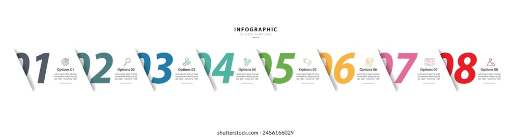 Plantilla infográfica de Timeline Creator. Recorrido de la línea de tiempo de 8 pasos, calendario Plantilla de diseño de infografías simples planas. Concepto de negocio con 8 opciones, Ilustración vectorial gantt.