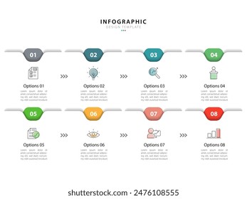 In: Timeline Creator Infographic Vorlage. 8 Schritt Zeitleiste Reise, Kalender Flache einfache Infografik Design-Vorlage. Präsentationsgrafik. Geschäftskonzept mit 8 Optionen, Vektorillustration.