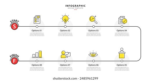 Timeline Creator infographic template. 8 Step timeline journey, calendar Flat simple infographics design template. presentation graph. Business concept with 8 options, gantt vector illustration.