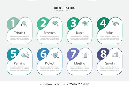 Timeline Creator infographic template. 8 Step timeline journey, calendar Flat simple infographics design template. presentation graph. Business concept with 8 options, gantt vector illustration.