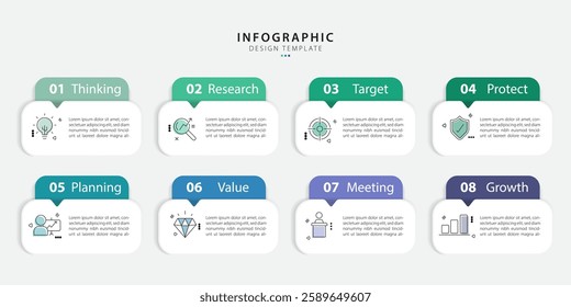 Timeline Creator infographic template. 8 Step timeline journey, calendar Flat simple infographics design template. presentation graph. Business concept with 8 options, gantt vector illustration.