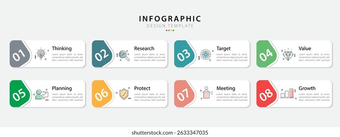Timeline Creator infographic template. 8 Step timeline journey, calendar Flat simple infographics design template. presentation graph. Business concept with 8 options, gantt vector illustration.