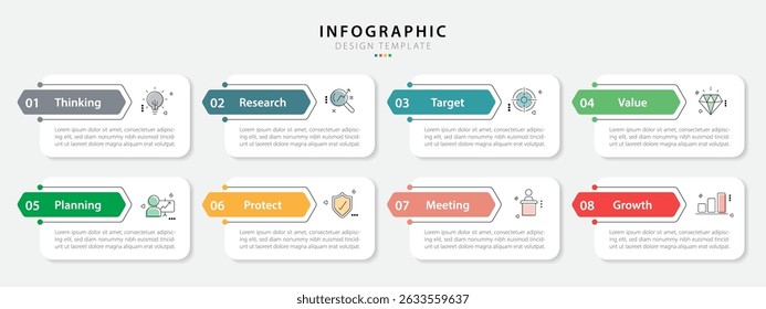 Modelo de infográfico do Criador de Linha do Tempo. 8 Passo de jornada de linha do tempo, calendário Modelo de design de infográficos simples plano. gráfico de apresentação. Conceito de negócios com 8 opções, ilustração de vetor de gantt.